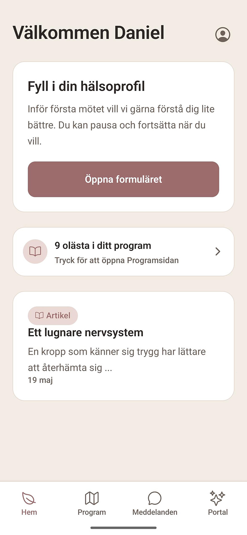 FM-appens startsida med hälsoformulär, programöversikt och artiklar